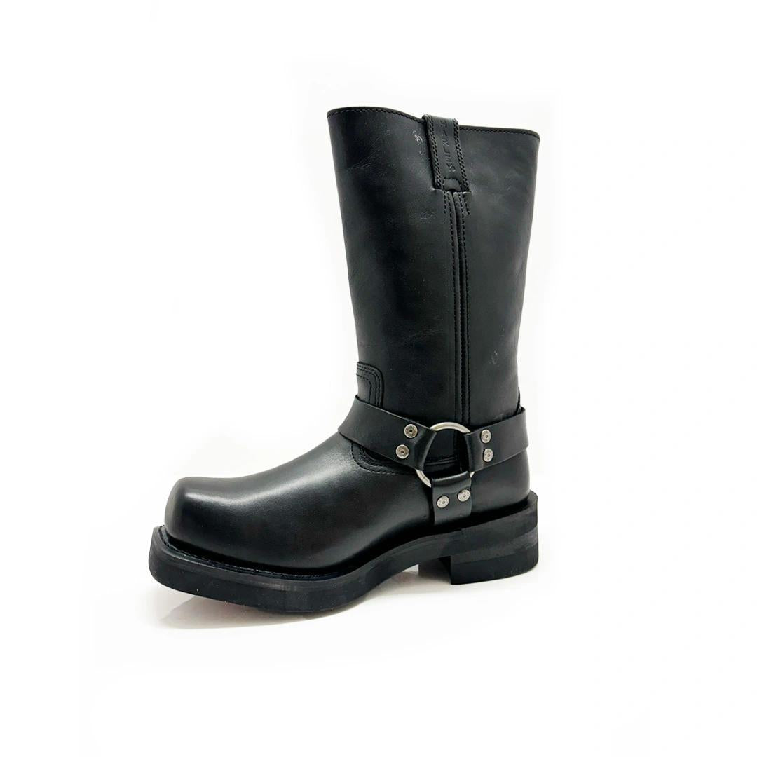 Harley-Davidson Mega Harness men's boot in black leather, three-quarter front view.