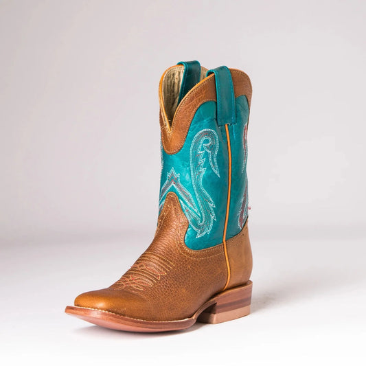 Hondo Kid’s Cowboy Boots Honey Oil Tan Blue Volcano