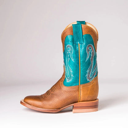 Hondo Kid’s Cowboy Boots Honey Oil Tan Blue Volcano