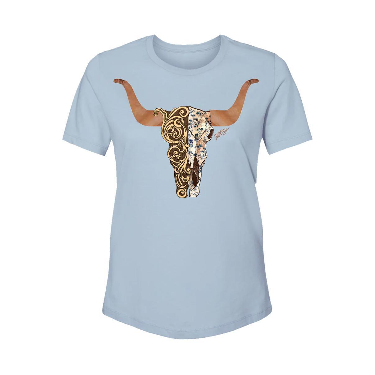 Hooey Women’s T-Shirt “Yuma” Denim With Brown/Tan Floral Skull HT1632DE-W