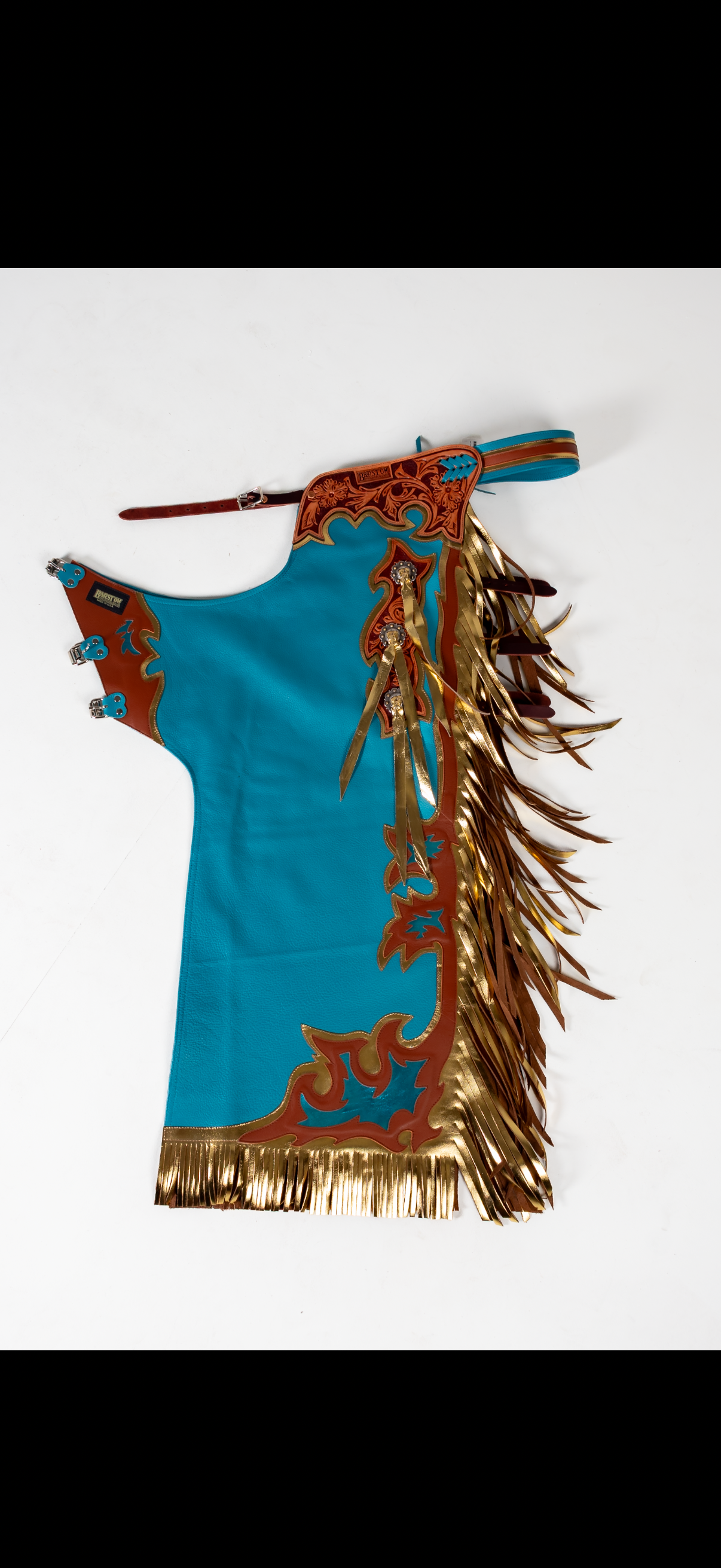 Barstow Rodeo Western Turquoise Gold Leather Tooled Chaps