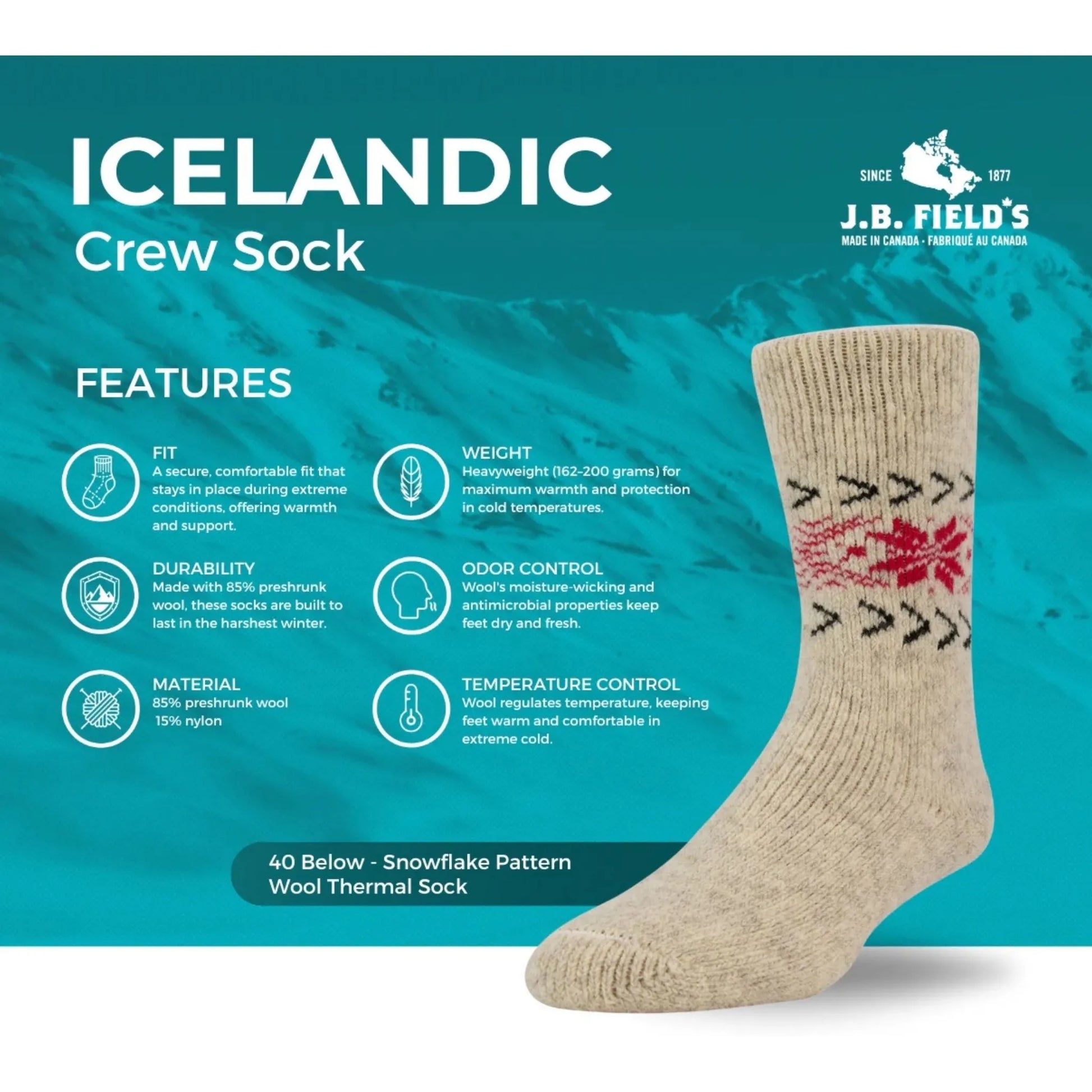 J.B. Field's Unisex 40 Below Snowflake Pattern Wool Thermal Winter Sock weis-western-wear