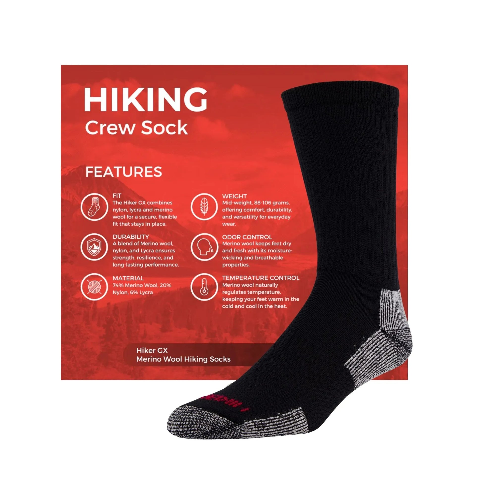 J.B. Field's Unisex Hiker GX 74% Merino Wool Hiking Crew Sock - Black/Grey weis-western-wear