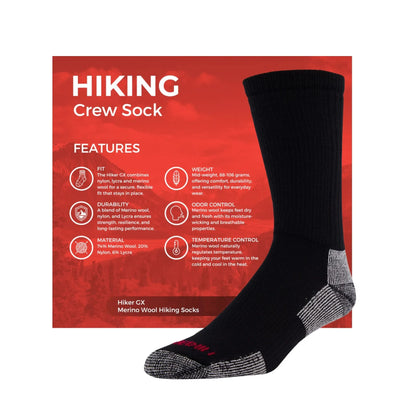 J.B. Field's Unisex Hiker GX 74% Merino Wool Hiking Crew Sock - Black/Grey weis-western-wear