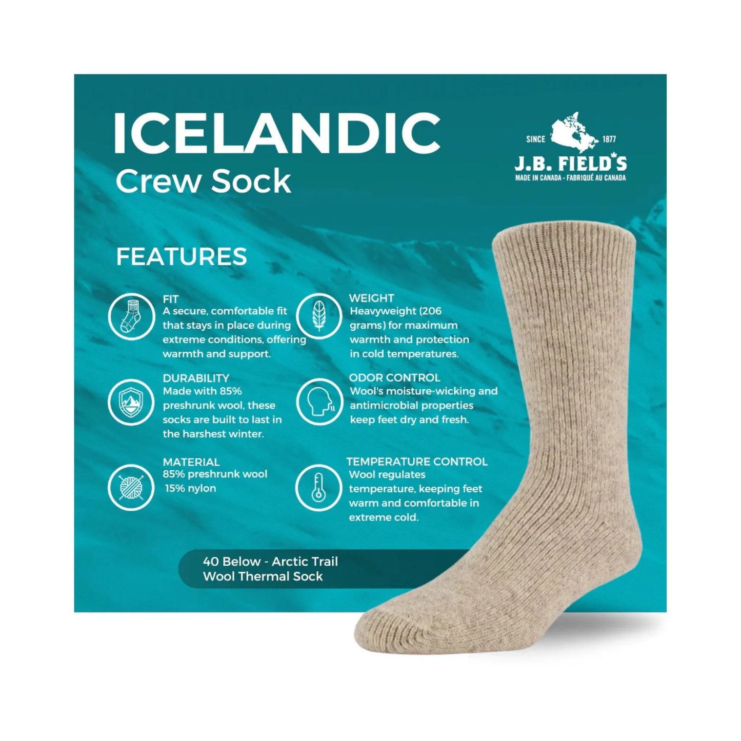 J.B. Field's Unisex Icelandic 40 Below Arctic Trail Wool Thermal Sock weis-western-wear