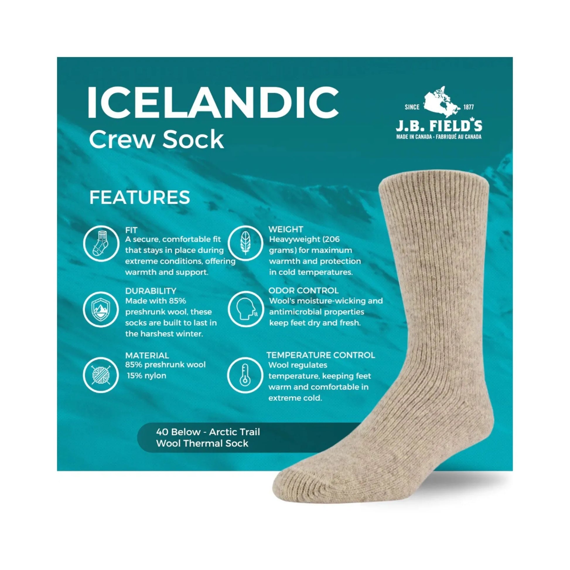 J.B. Field's Unisex Icelandic 40 Below Arctic Trail Wool Thermal Sock weis-western-wear