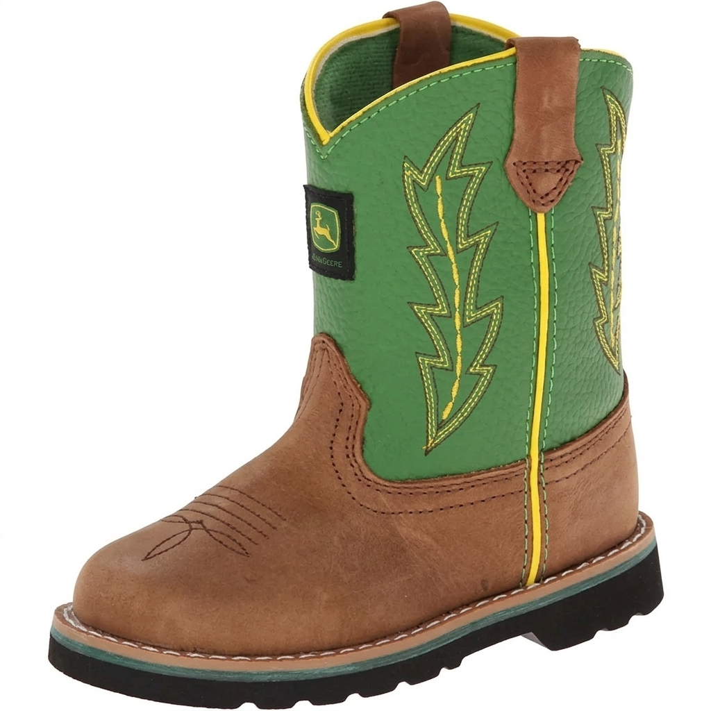 John Deere kid's classic western pull-on boot in tan and brown leather, three-quarter front view.