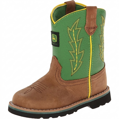 John Deere kid's classic western pull-on boot in tan and brown leather, three-quarter front view.