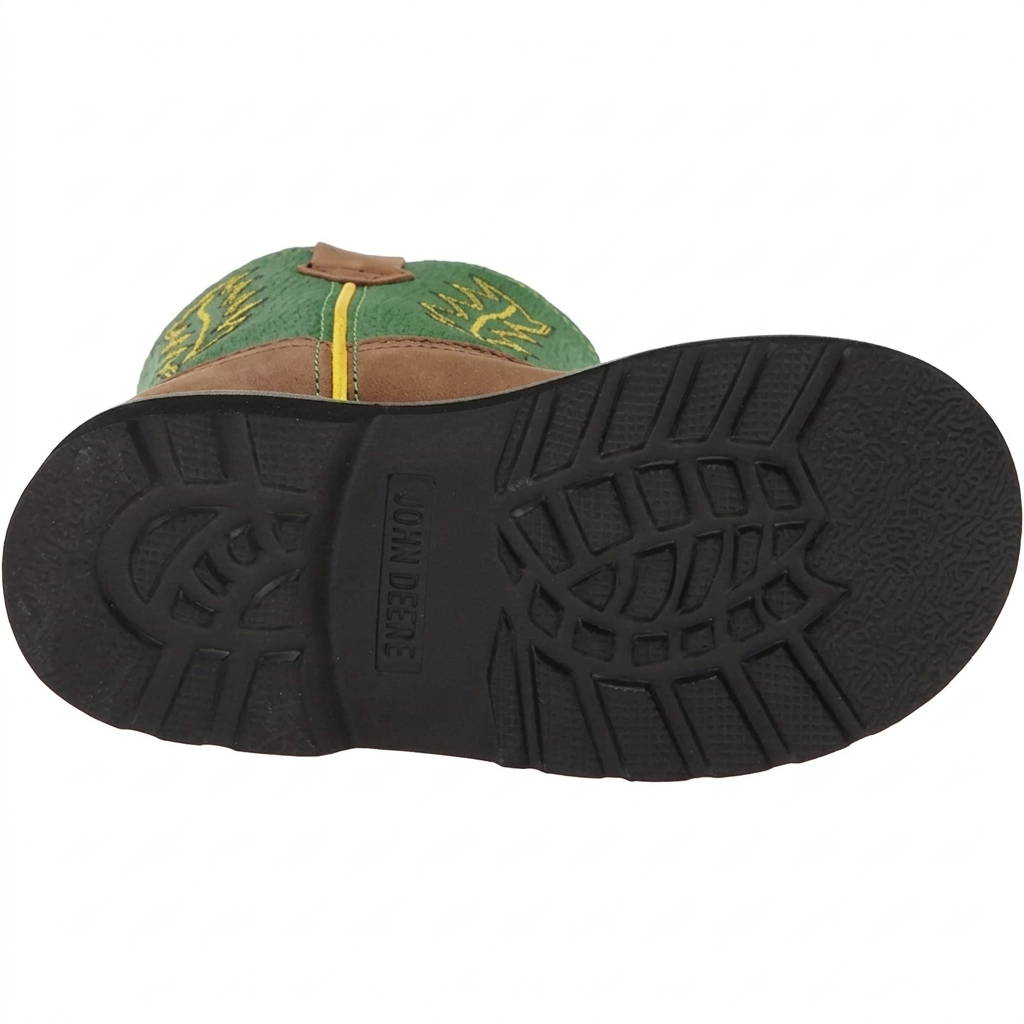 John Deere kid's classic western pull-on boot showing detailed multi-row stitching on the leather shaft.