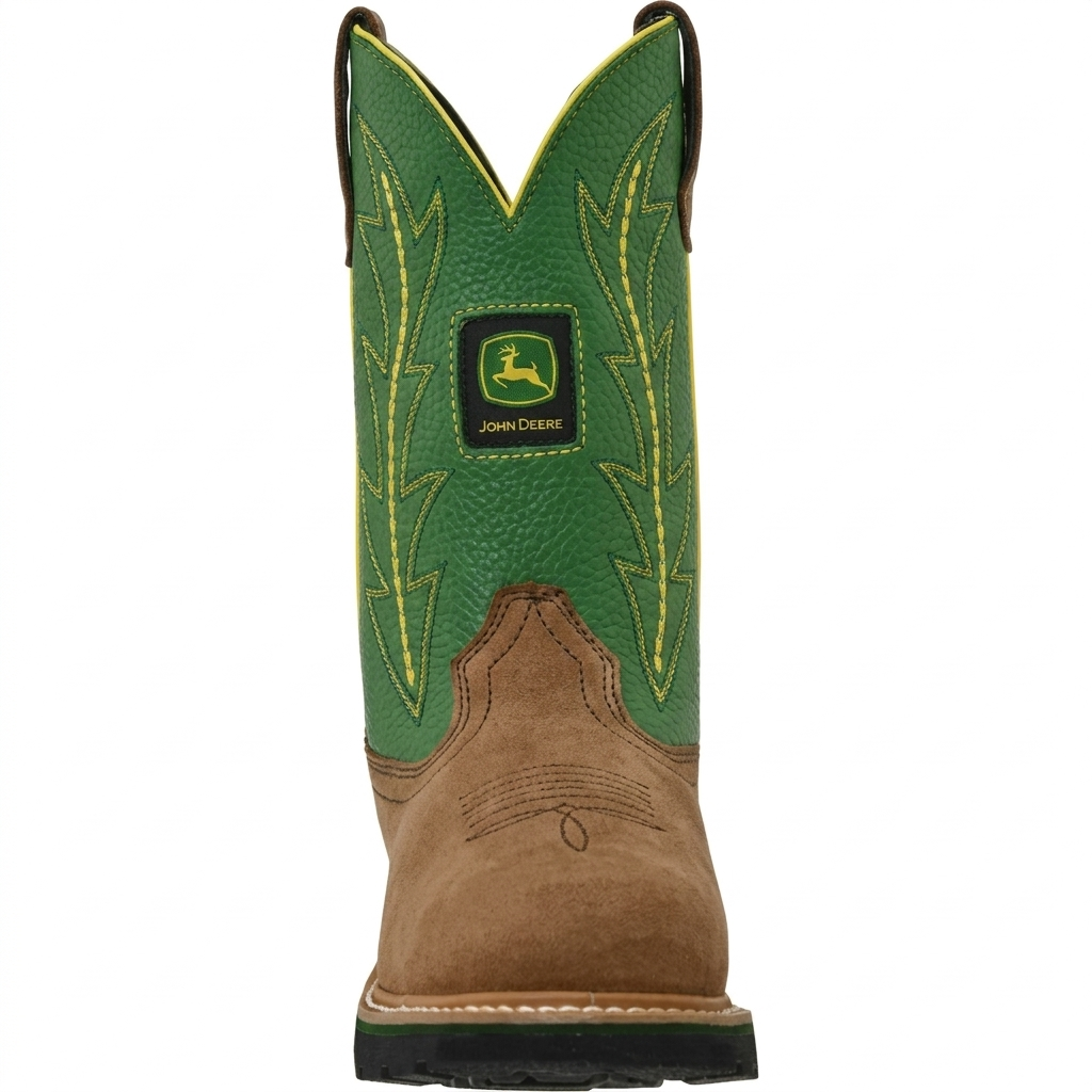 John Deere kid's classic western pull-on boot, bottom-up view of the non-marking rubber traction outsole.