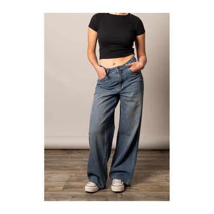Kimes Ranch Maggie wide leg high-rise jean in mid-wash denim, full-length front view.