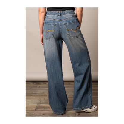 Kimes Ranch Maggie wide leg high-rise jean in mid-wash denim, full-length back view.