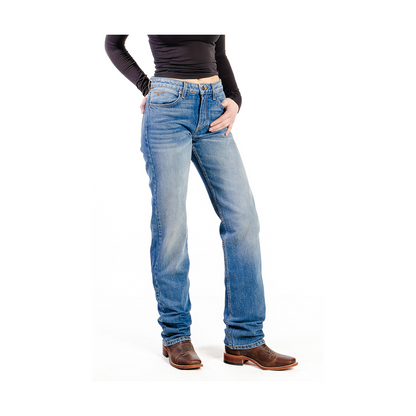 Kimes Ranch Mia mid wash jeans for women, front view on model.