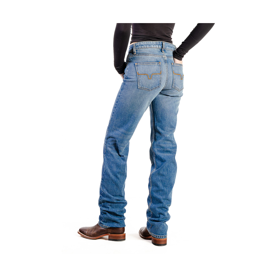 Kimes Ranch Mia mid wash jeans, back pocket detail showing longhorn embroidery.