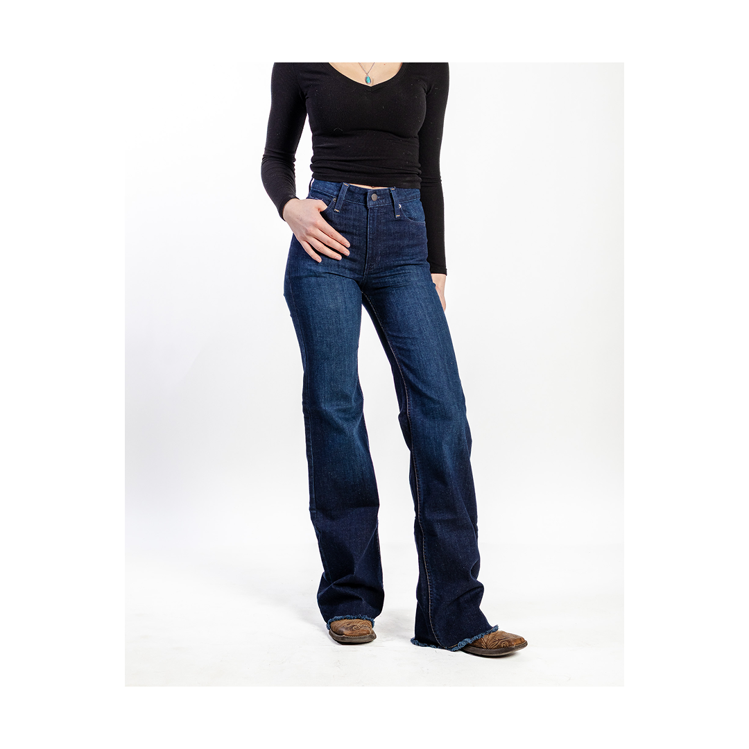 Kimes Ranch Olivia wide leg high-rise jean in dark wash denim, three-quarter front angle view.