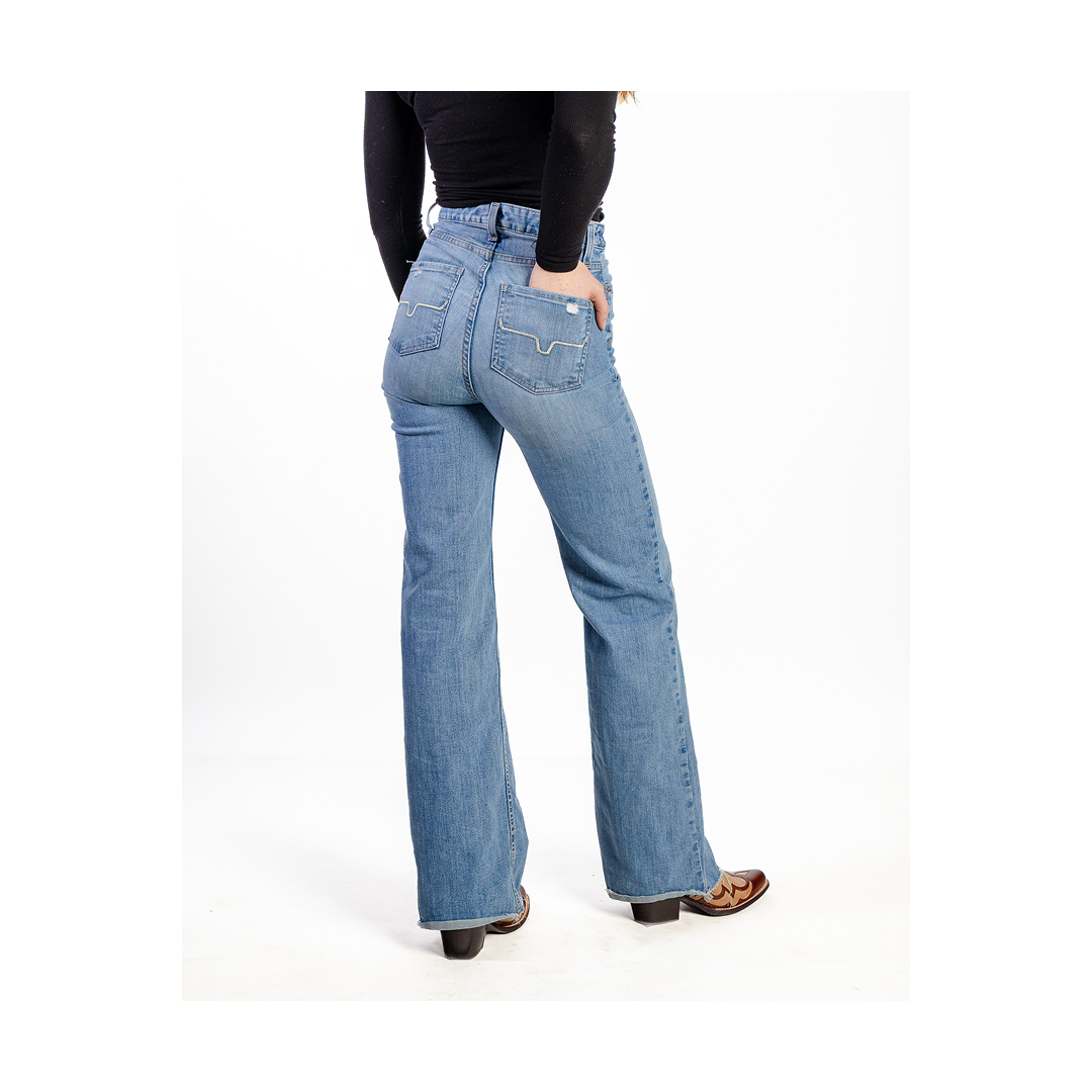 Kimes Ranch Olivia wide leg high-rise jean in light wash denim, side profile view.