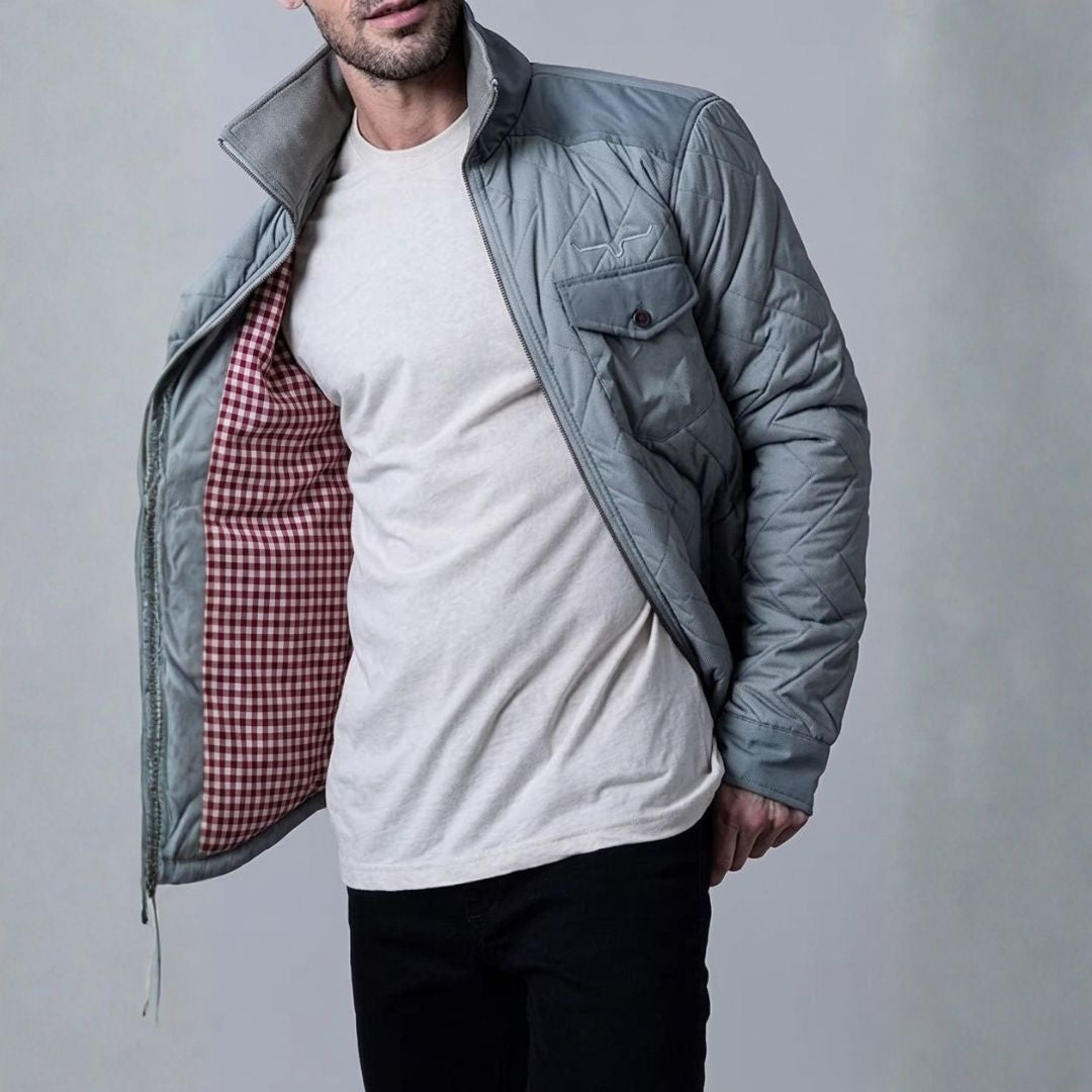 Kimes Ranch Skink flannel-lined jacket in Charcoal, back view on model.