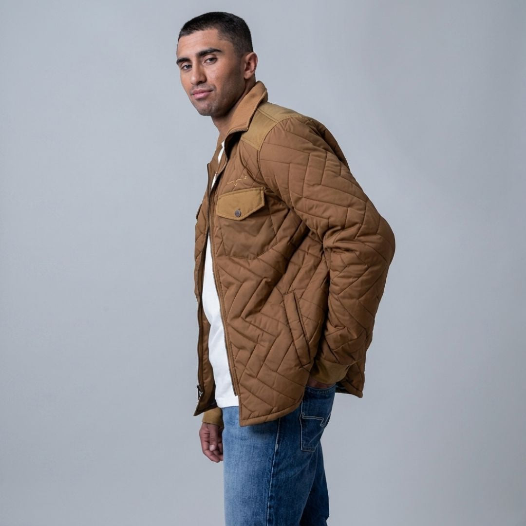 Kimes Ranch Skink flannel-lined jacket in Tan, front view on model.