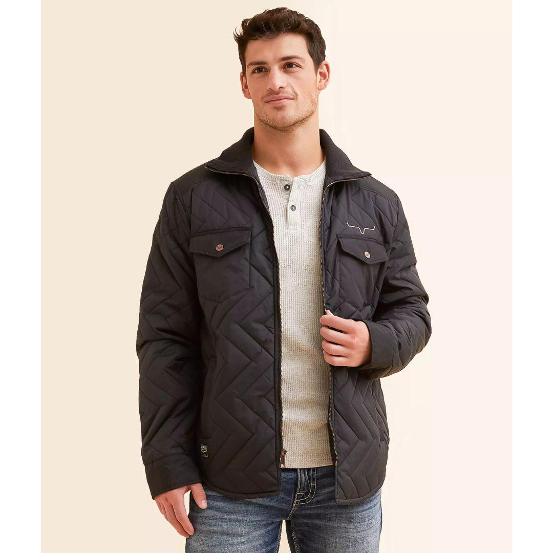 Kimes Ranch Skink quilted jacket in Sage Green, front view with embroidered chest horns.