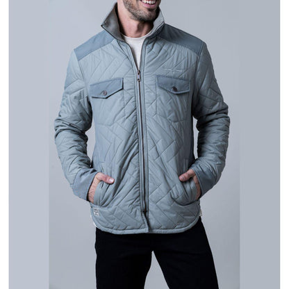 Kimes Ranch Skink quilted jacket in Grey, front view showing shirt-tail hem and pockets.