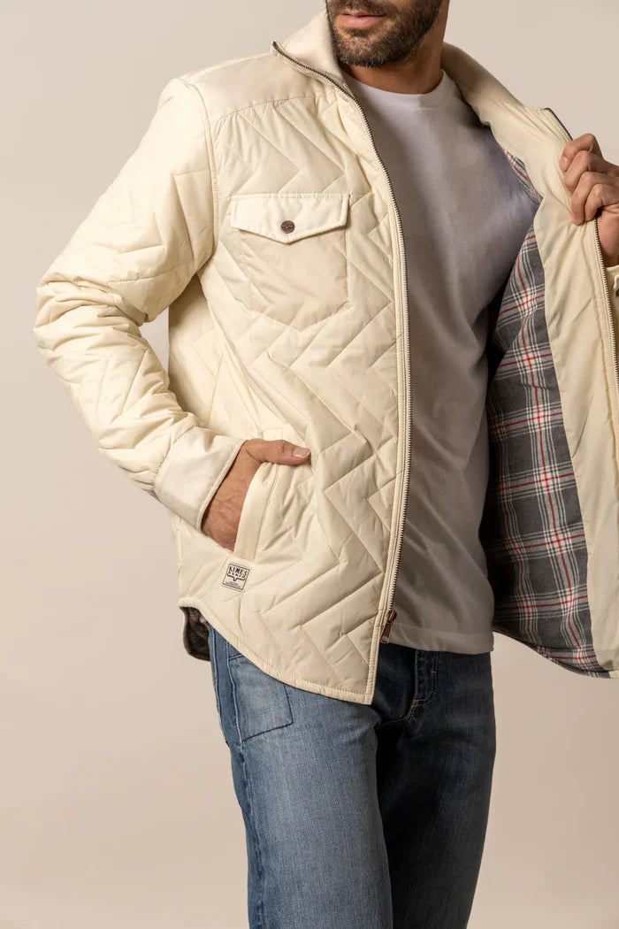Kimes Ranch Skink quilted jacket in Grey, front view showing shirt-tail hem and pockets.