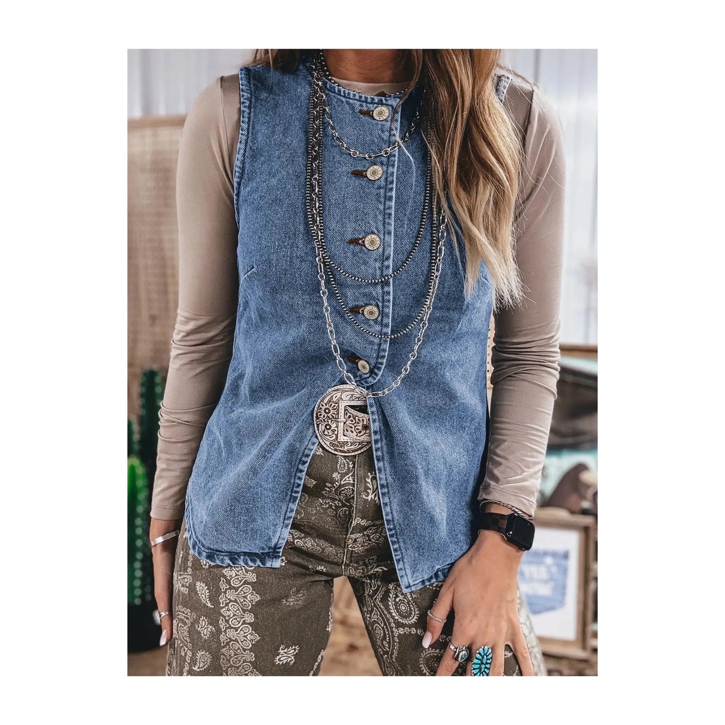 LALA LOO Western Denim Button Front Slit Sleeveless Vest LL790248-P604