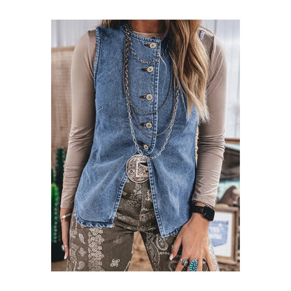 LALA LOO Western Denim Button Front Slit Sleeveless Vest LL790248-P604