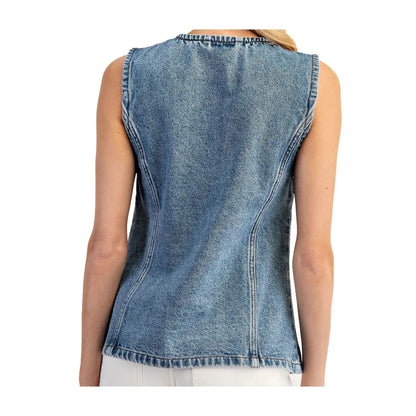 LALA LOO Western Denim Button Front Slit Sleeveless Vest LL790248-P604