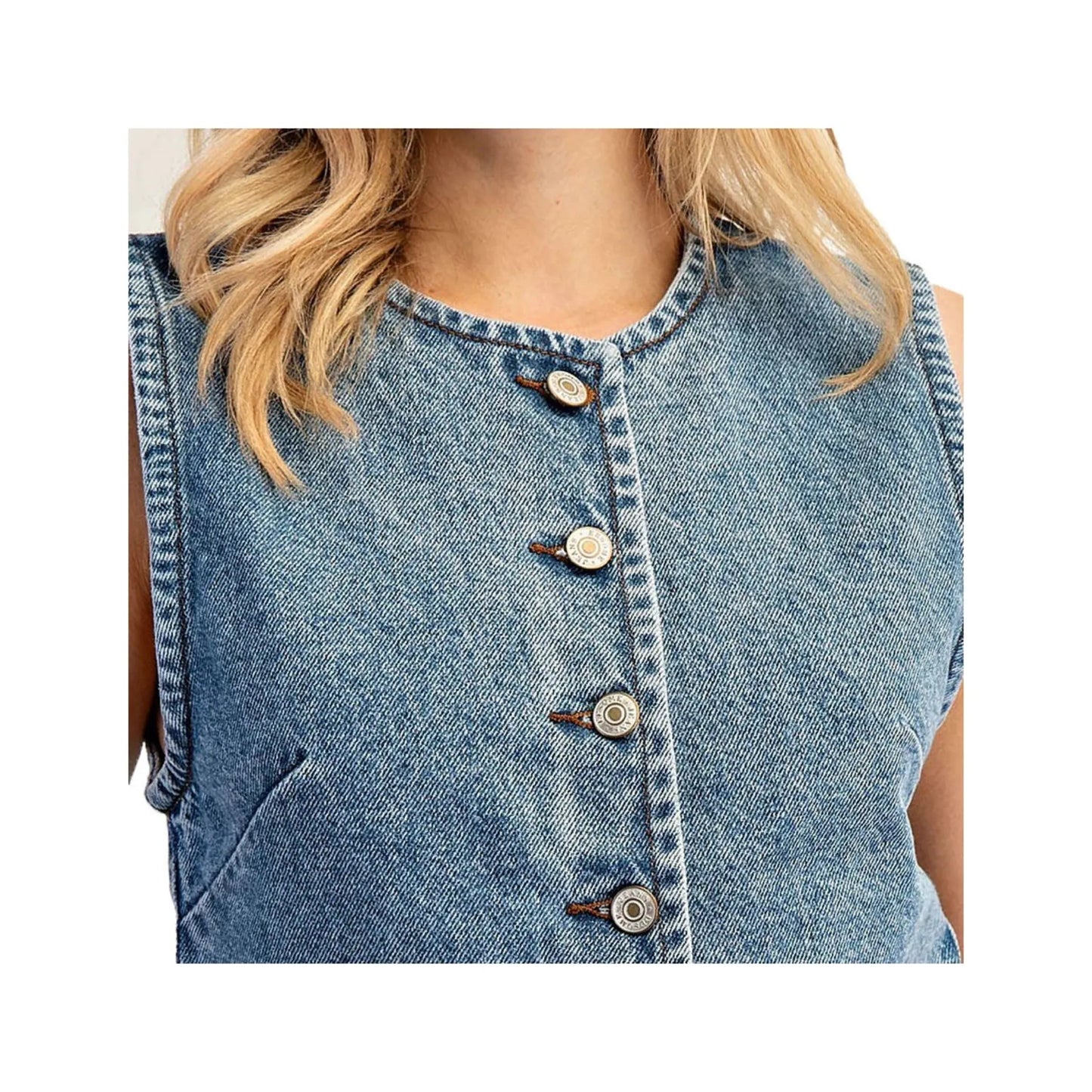 LALA LOO Western Denim Button Front Slit Sleeveless Vest LL790248-P604