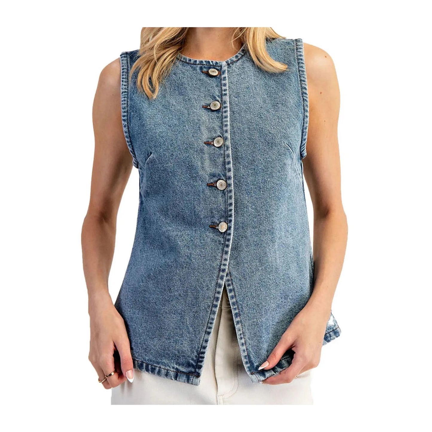 LALA LOO Western Denim Button Front Slit Sleeveless Vest LL790248-P604