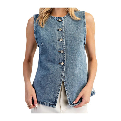 LALA LOO Western Denim Button Front Slit Sleeveless Vest LL790248-P604