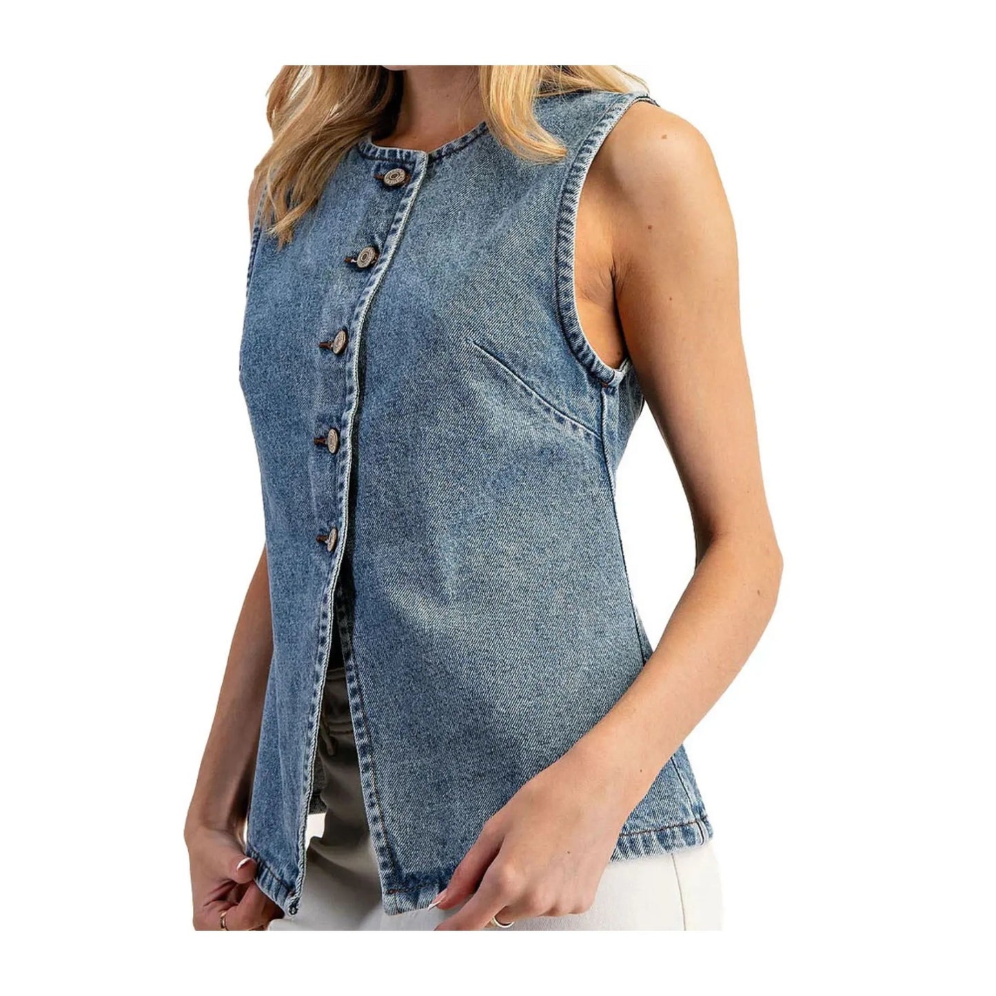 LALA LOO Western Denim Button Front Slit Sleeveless Vest LL790248-P604