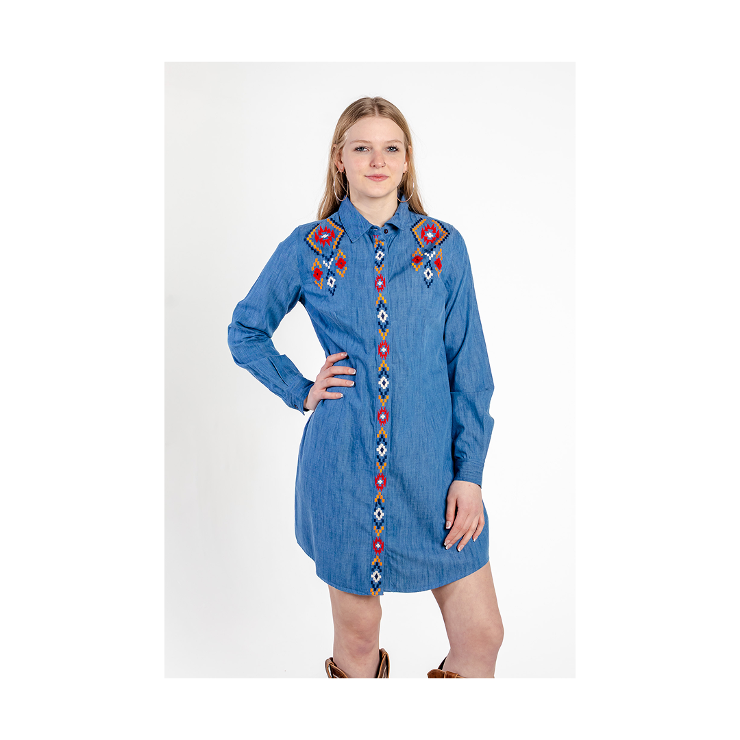 Panhandle Slim Women's Long Sleeve Chambray Embroidered Dress