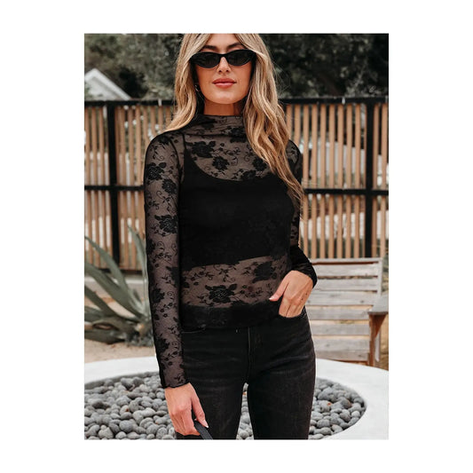 LaLa Loo Women's Floral Lace Mesh Mock Neck Top - LaLa Loo