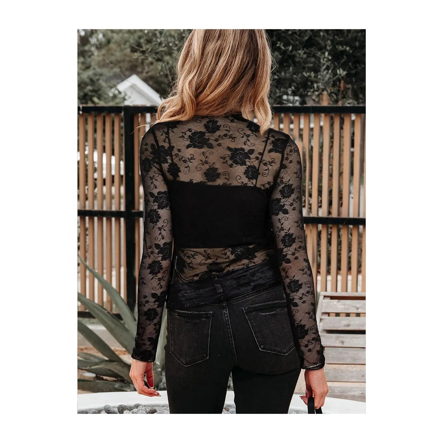 LaLa Loo Women's Floral Lace Mesh Mock Neck Top