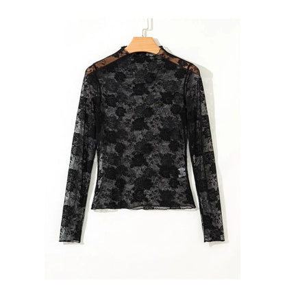 LaLa Loo Women's Floral Lace Mesh Mock Neck Top