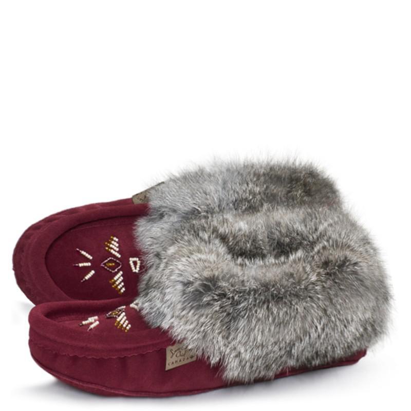 Laurentian Chief Women's Burgundy Moccasins With Fur Trim- Clearance