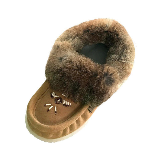 Laurentian Chief Women's Fleece Lined Rabbit Fur Crepe Sole Suede Moccasins Mocha 13677L