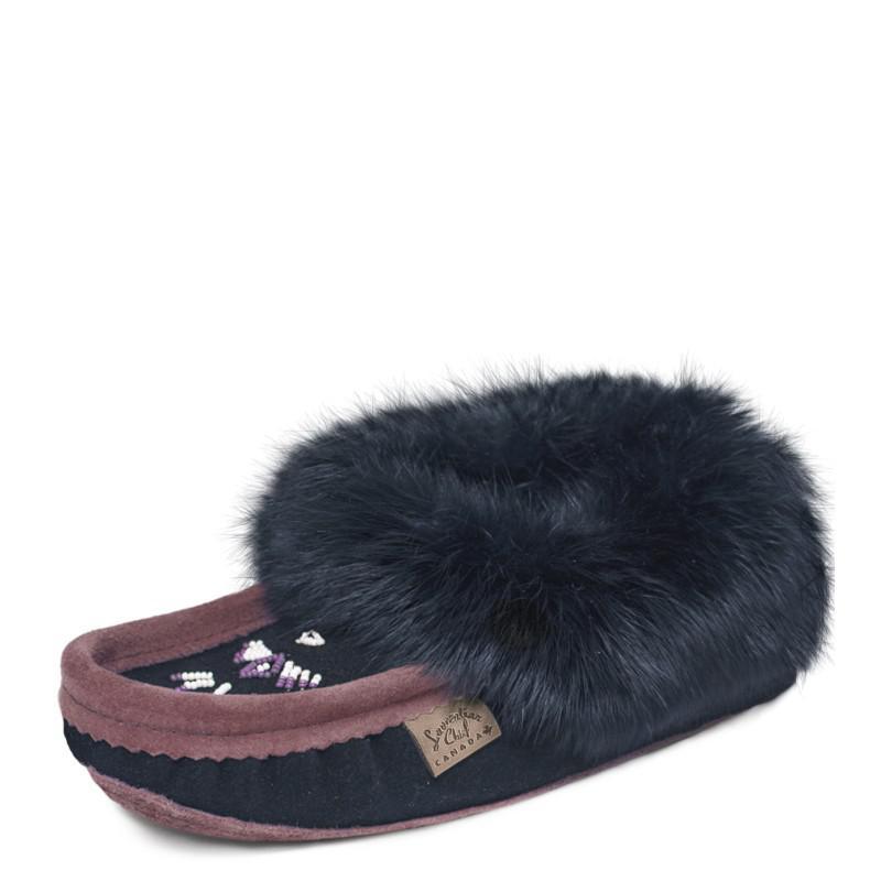 Laurentian Chief Women's Plum And Black Moccasin With Fur Trim- Clearance