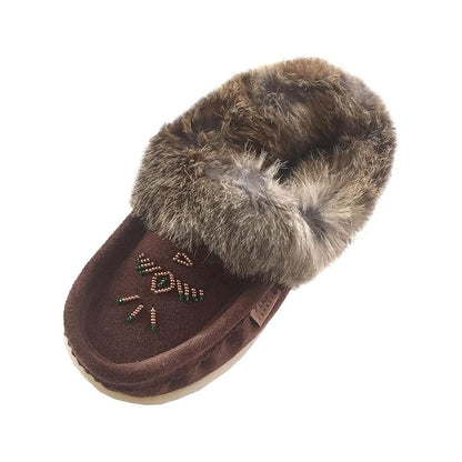 Laurentian Chief Women's Suede Slippers With Rabbit Fur Collar Crepe Sole