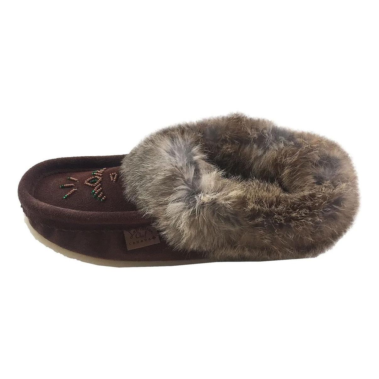 Laurentian Chief Women's Suede Slippers With Rabbit Fur Collar Crepe Sole