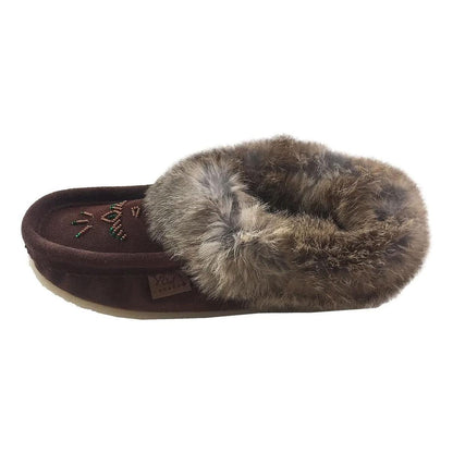 Laurentian Chief Women's Suede Slippers With Rabbit Fur Collar Crepe Sole