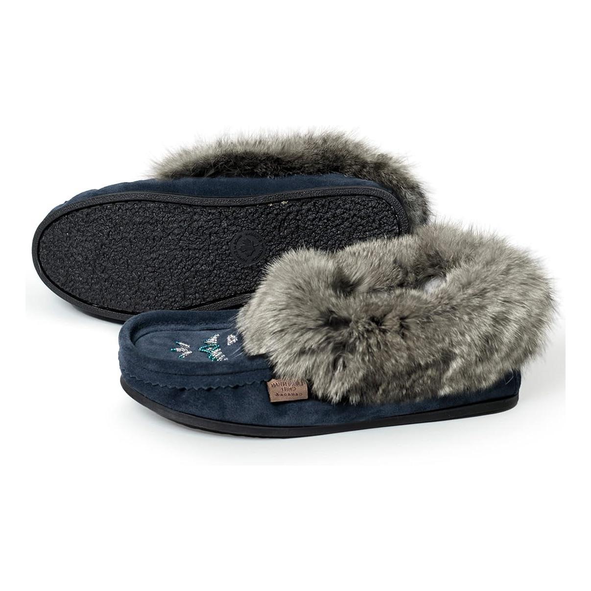 Laurentian Chief Women's Suede Slippers With Rabbit Fur Collar Crepe Sole
