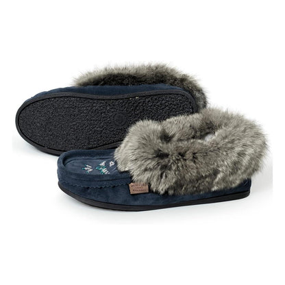 Laurentian Chief Women's Suede Slippers With Rabbit Fur Collar Crepe Sole