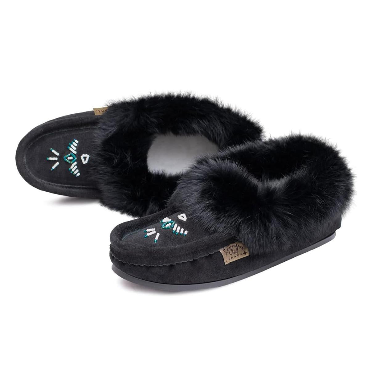 Laurentian Chief Women's Suede Slippers With Rabbit Fur Collar Crepe Sole
