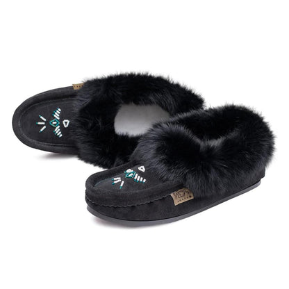 Laurentian Chief Women's Suede Slippers With Rabbit Fur Collar Crepe Sole
