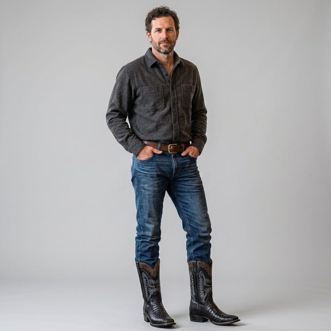 Lucchese 14-inch exotic caiman hornback cowboy boot, black leather version on male model.