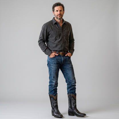 Lucchese 14-inch exotic caiman hornback cowboy boot, black leather version on male model.