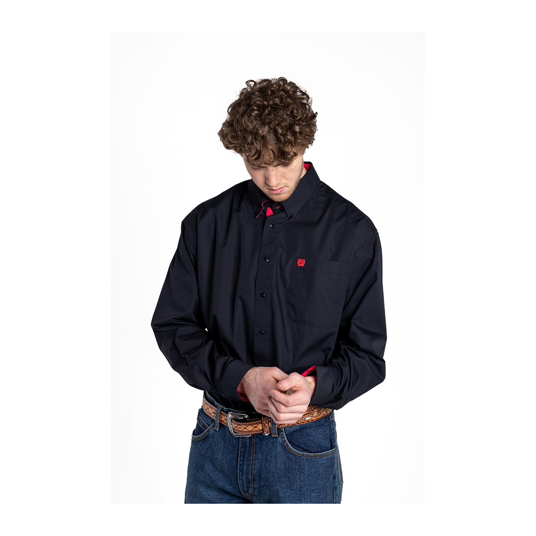 Cinch Men's Western Long Sleeve Button Down Shirt Solid Black With Pink Details