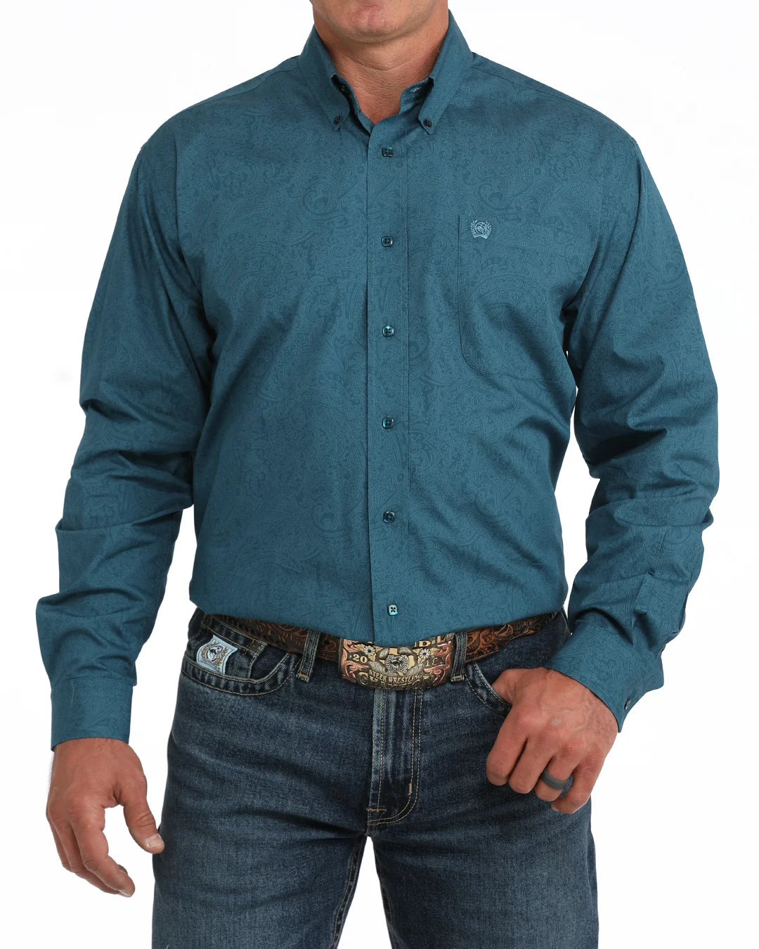 Cinch Men's Blue Printed Long Sleeve Button Down Shirt